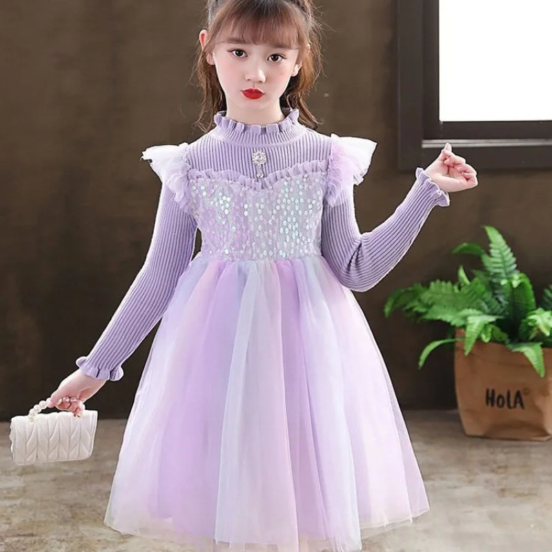 Girls Sequins Princess Dress Spring and Autumn New Long Sleeve Velvet Padded Dress Girl Tulle Tutu Skirt