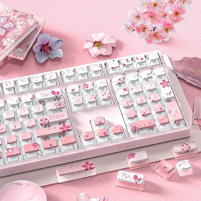 

Gradual change cherry blossom pink PBT hot sublimation side transparent light transmission personality cute mechanical keyboard