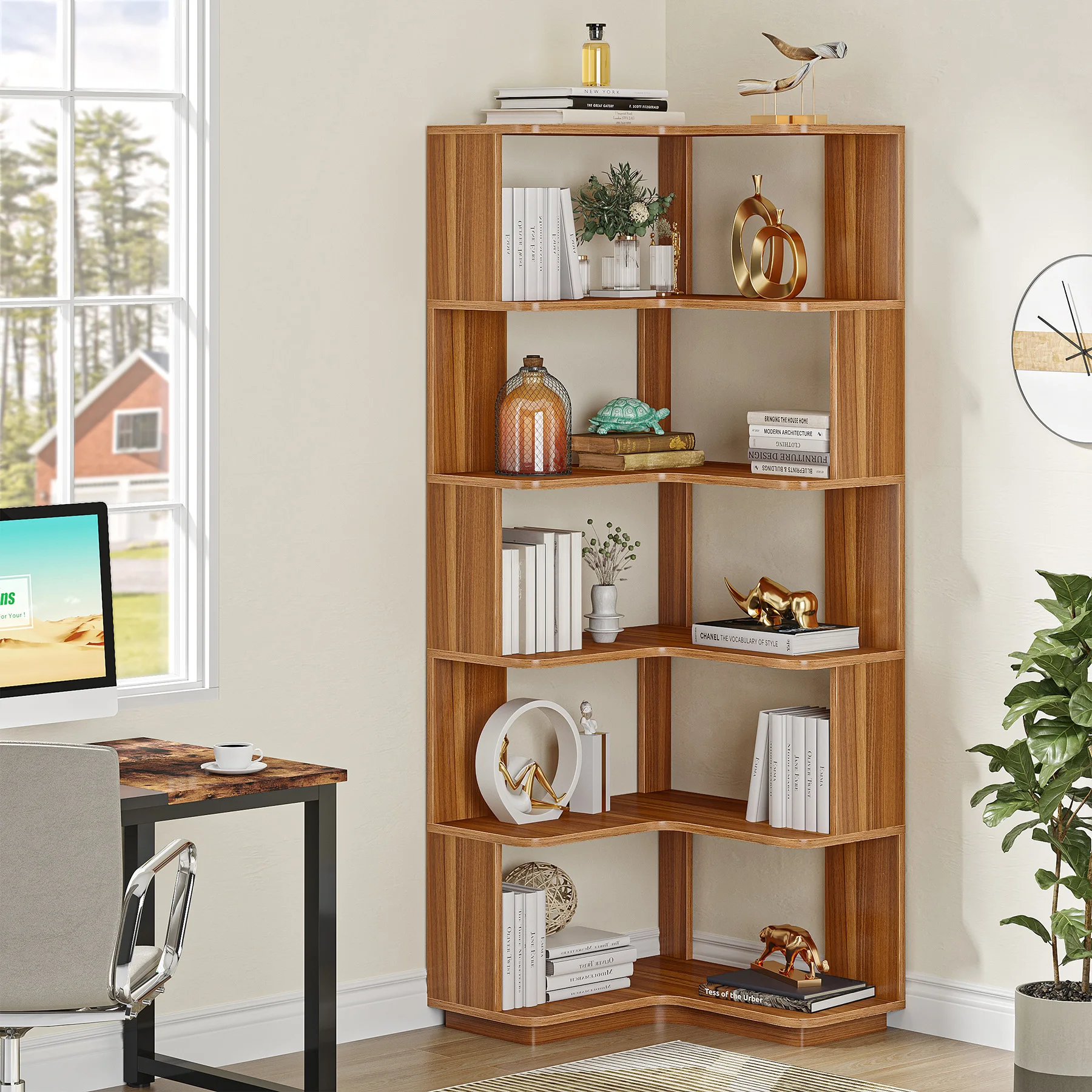 Tribesigns 6 Tier Corner Bookshelf, 64.96 Inch Tall Industrial Corner Bookcase with Anti-Drop Panel,Wood Grain Corner Shelf