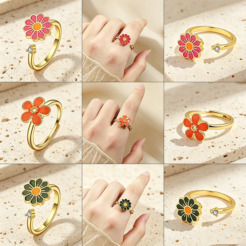 Exquisite Anti  Anxiety Enamel Daisy Flower Spinner Ring Fidget Knuckle Jewelry Girls Summer Holiday Rings Rotate Accessories