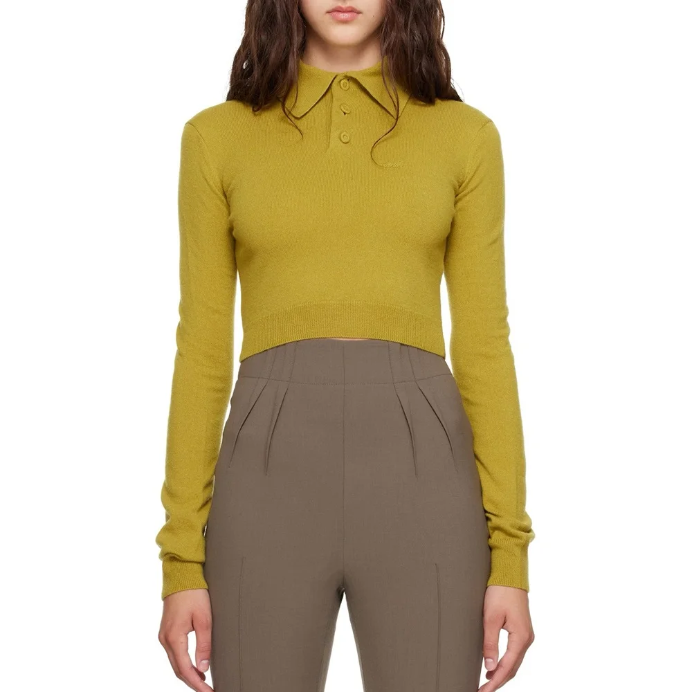 Women's 2026 Fashionable Knitted Stretch Polo-Style Long-Sleeve Pullover Top – Y2K-Inspired Corset-Fit Shirt bra