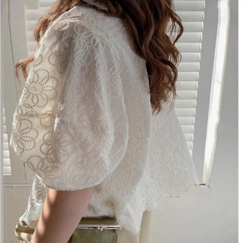 French Lace Bubble Sleeve Lightweight Blouse Women's Summer New Design White Short Shirt