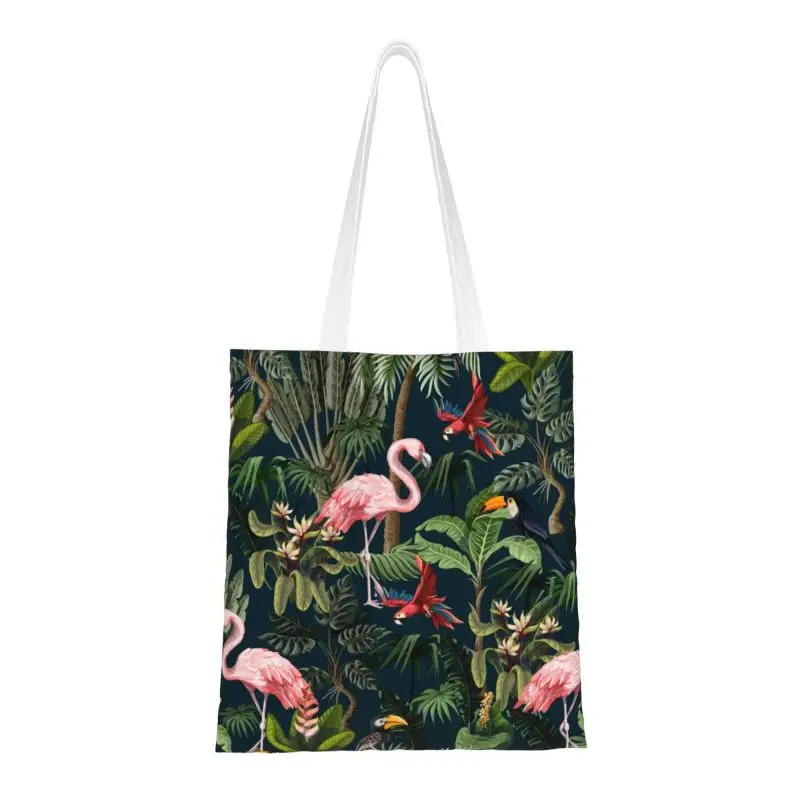 Custom Jungle Pattern With Toucan Flamingo And Parrot Shopping Canvas Bags Portable Grocery Tropical Bird Tote Shopper Bags