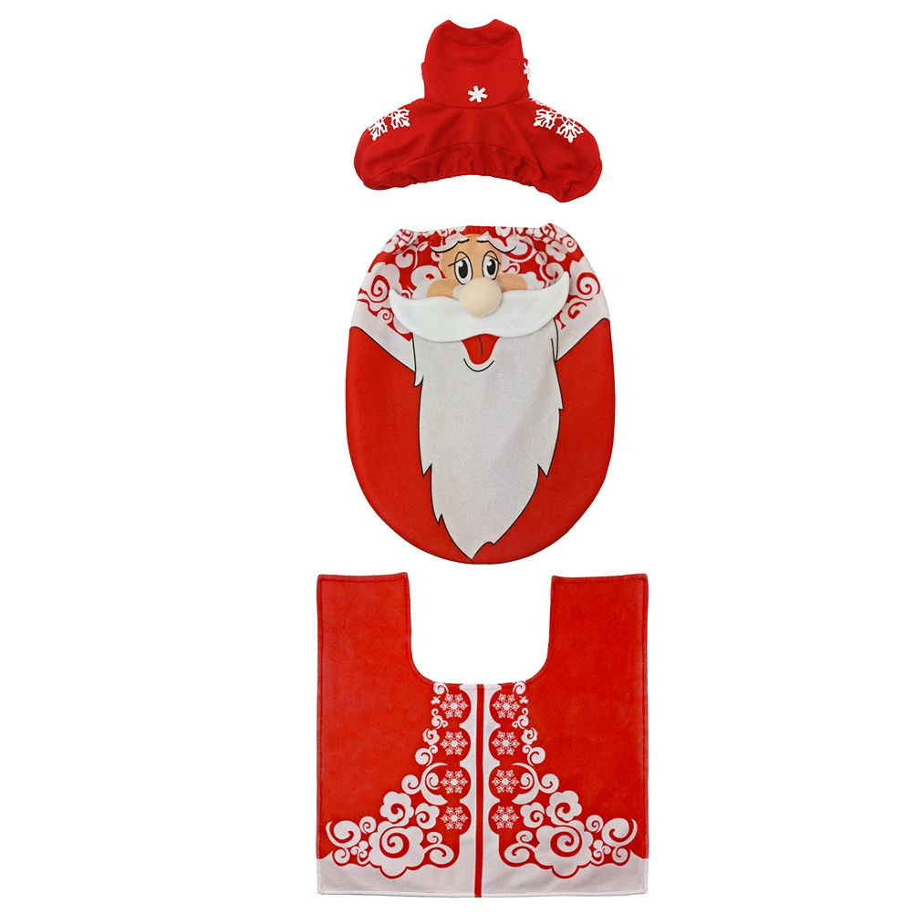 

Three Pieces Christmas Themed Bathroom Mat Set Non-slip Bath Bathtub Rug Carpet Toilet Seat Lid Cover with Tissue Box Cover (San
