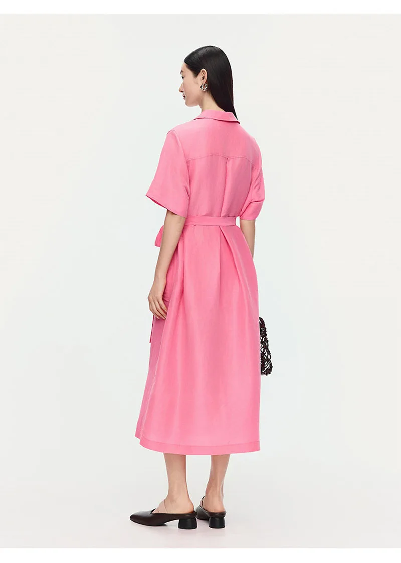 Natural Linen Lady's Dress Short-sleeved Collar Single-button Mid-length Dress Elegant in Style, Suitable for Outdoor Leisure