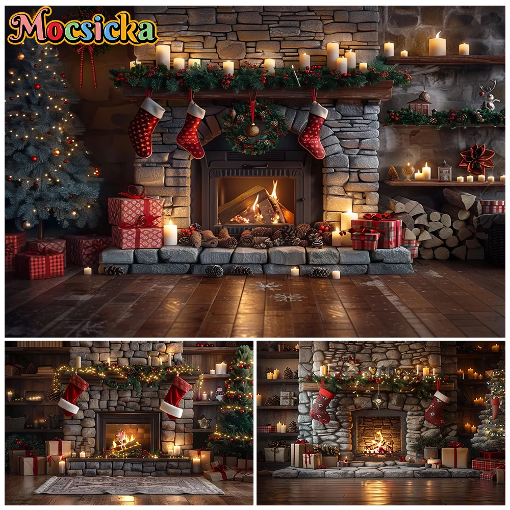 Mocsicka Christmas Stone Fireplace Decorations Backdrop Stocking Fire Santa Gift Cozy Holiday Photography Background Studio Prop
