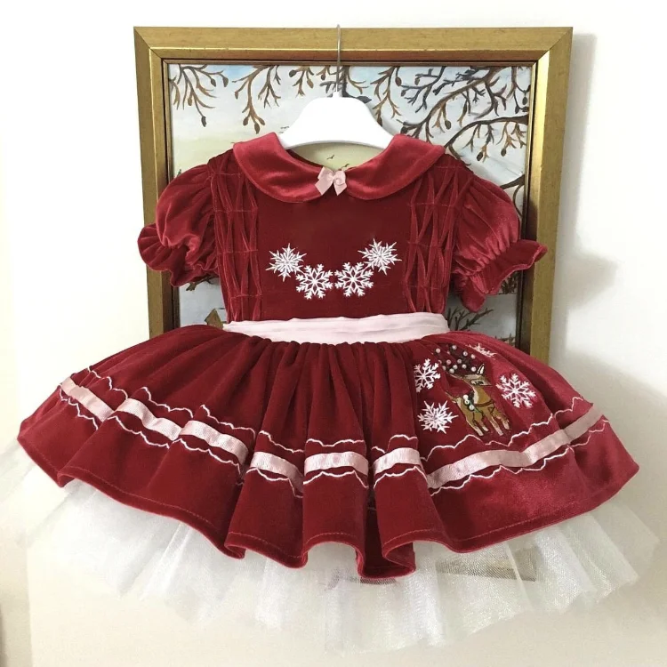 Baby Girl Autumn Winter Red Velvet Snow Deer Embroidery Vintage Spanish Princess Ball Gown Dress Eid Causal Christmas