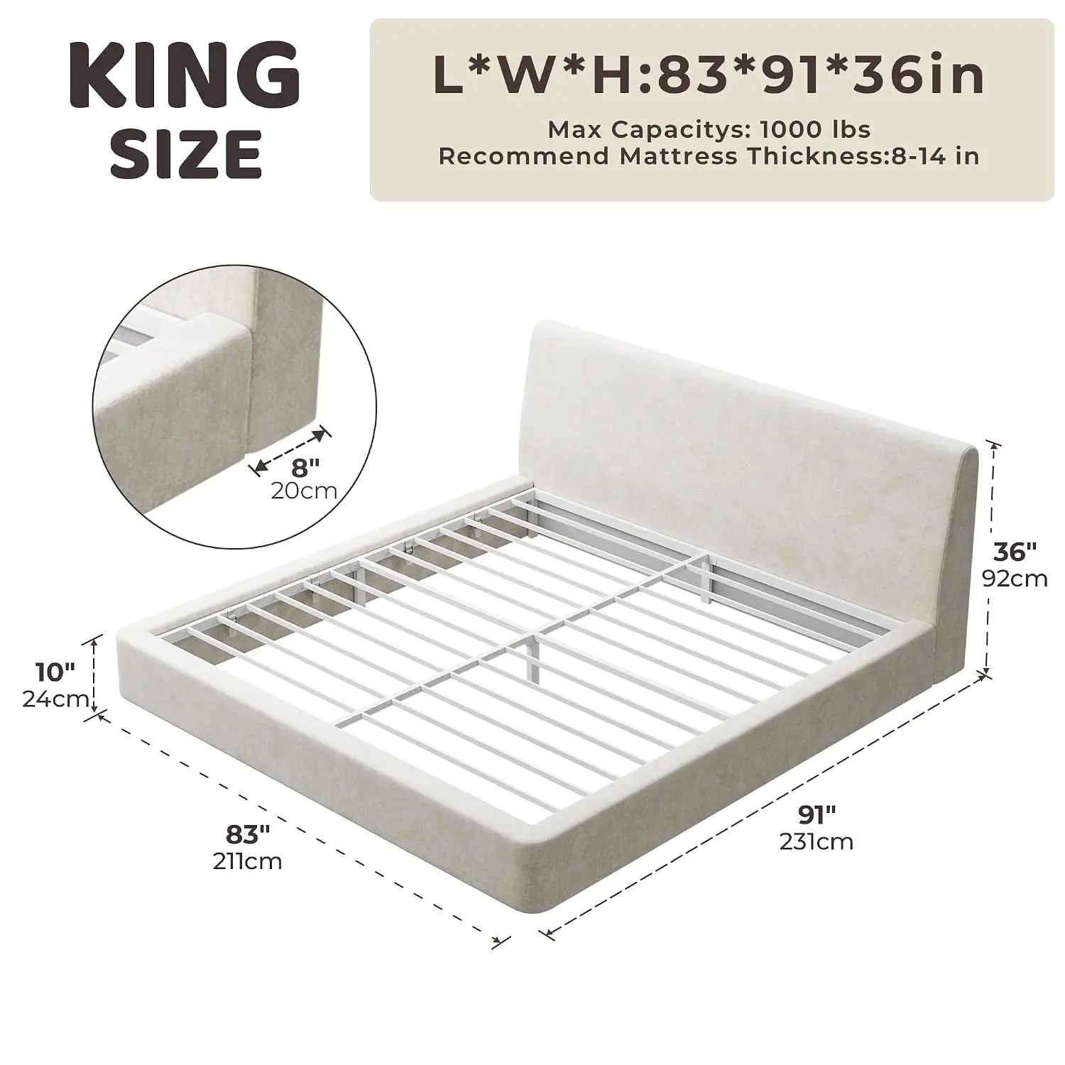 Ergonomic King Bed Frame with Angled Headboard, 360° Foam Surround, Low Profile, No Box Spring, Easy Assembly, Customized