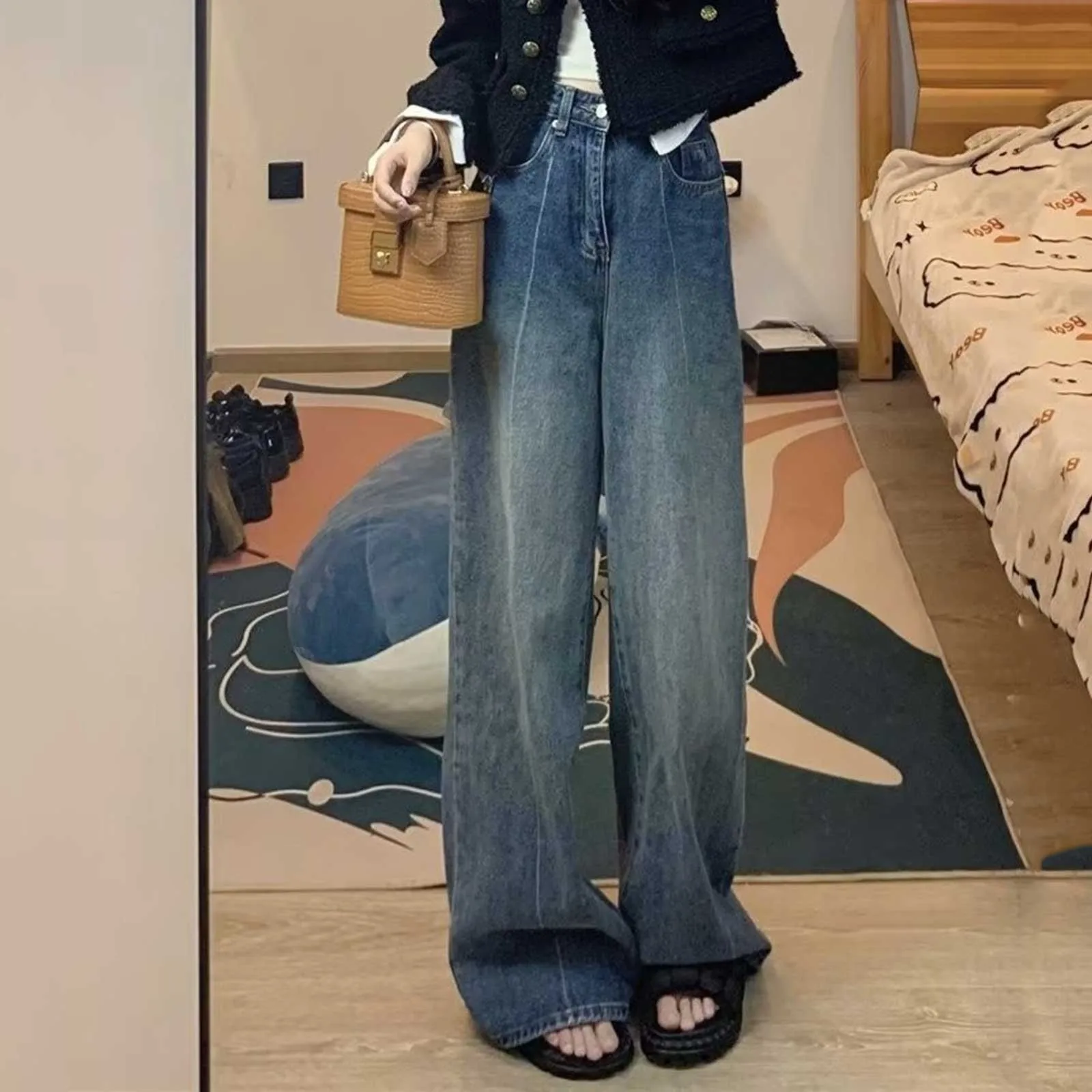 E Girl Style Streetwear Vintage Denim Trousers Women Baggy Jeans Trousers With High Waist Loose Straight Leisure Trousers