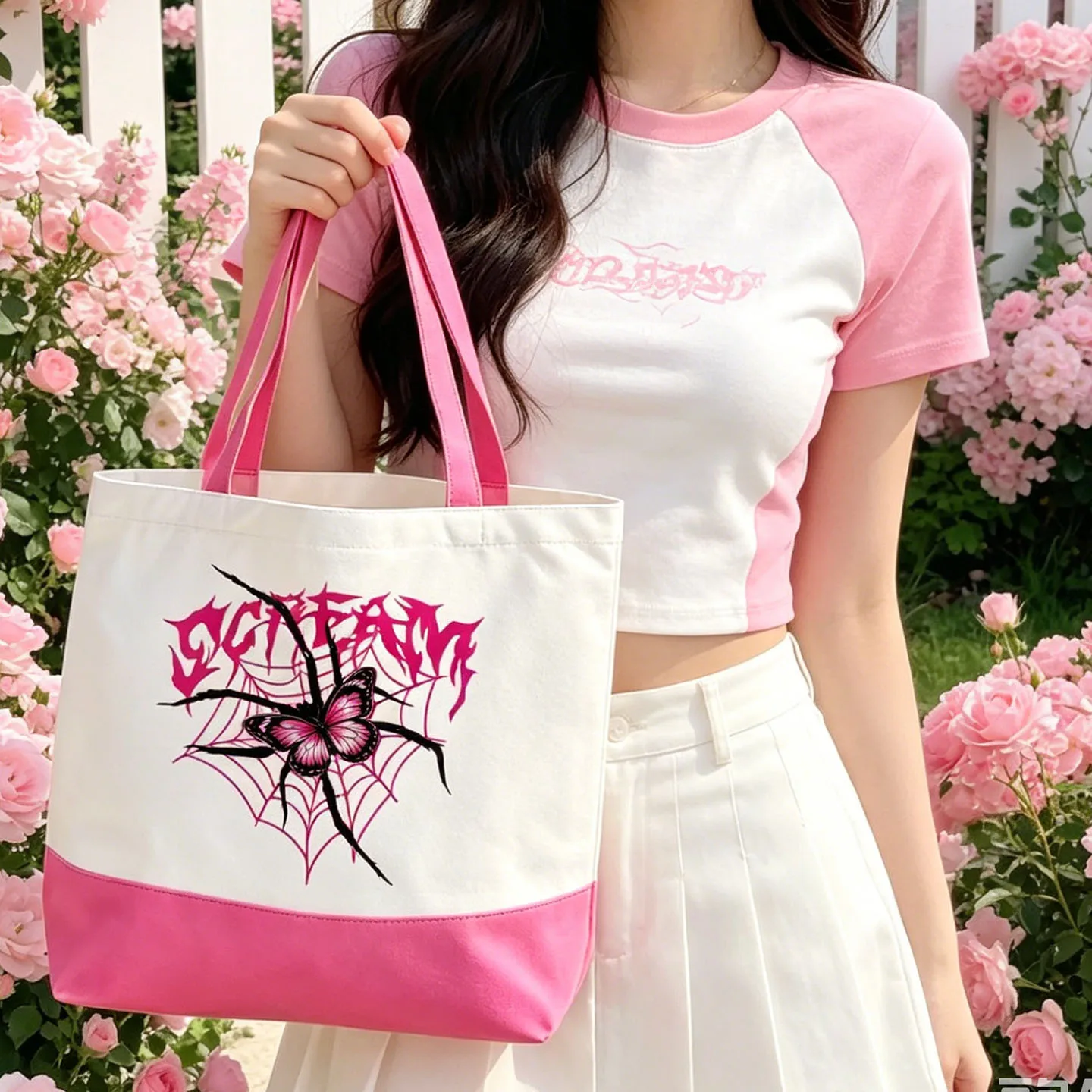1PC Sweet Pink Canvas Tote Shoulder Bag, Butterfly & Spider Pattern Casual Handbag, Women's Trendy Outfit Staple