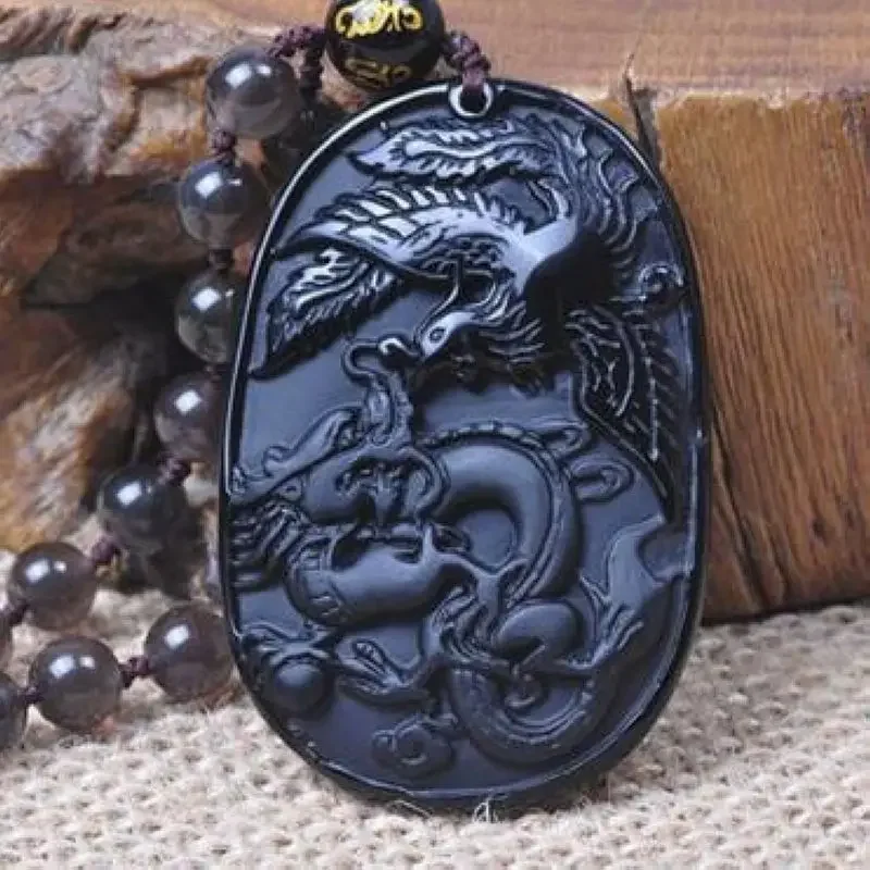 Natural black Obsidian Crystal dragon phenix Pendant with Bead Chain great gift necklace men or Women