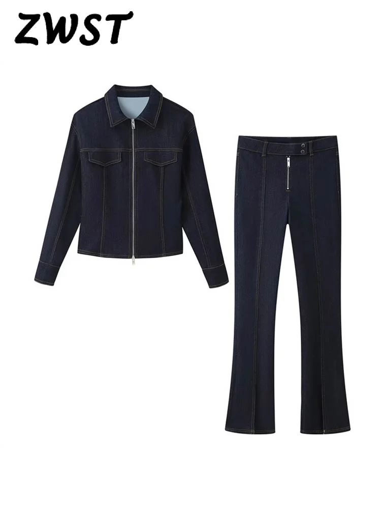 

Уличное джинсовое пальто, брюки, женский комплект, тонкий женский костюм на молнии с длинными рукавами и лацканами, расклешенные широкие брюки, 2026, весенне-летний женский костюм