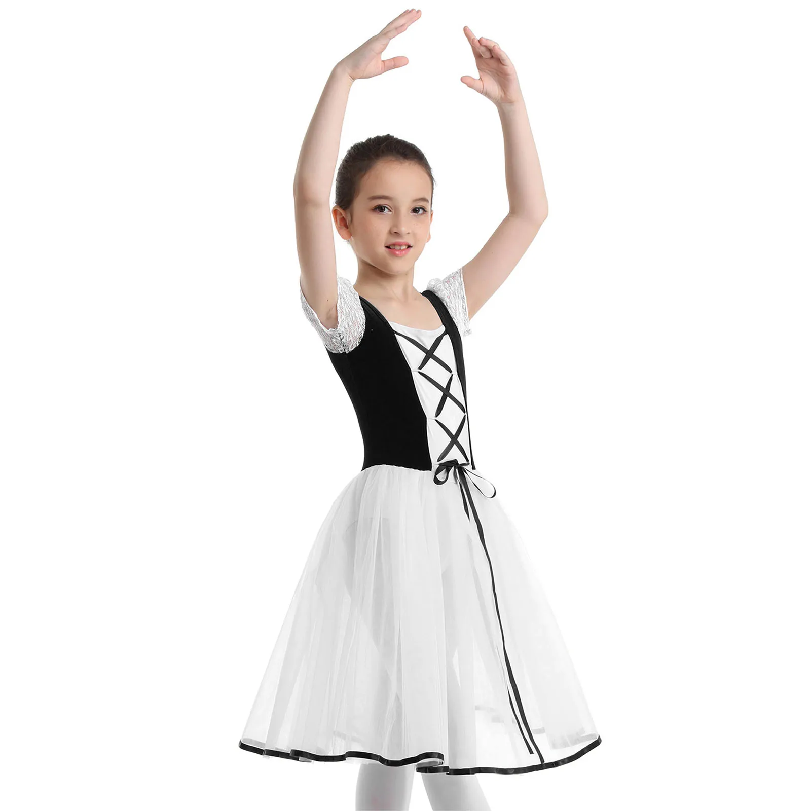 Kids Girls Romantic Tutu Giselle Ballet Dance Costumes Short Bubble Sleeves Velvet Mesh Lace Ballerina Gymnastics Leotard Dress