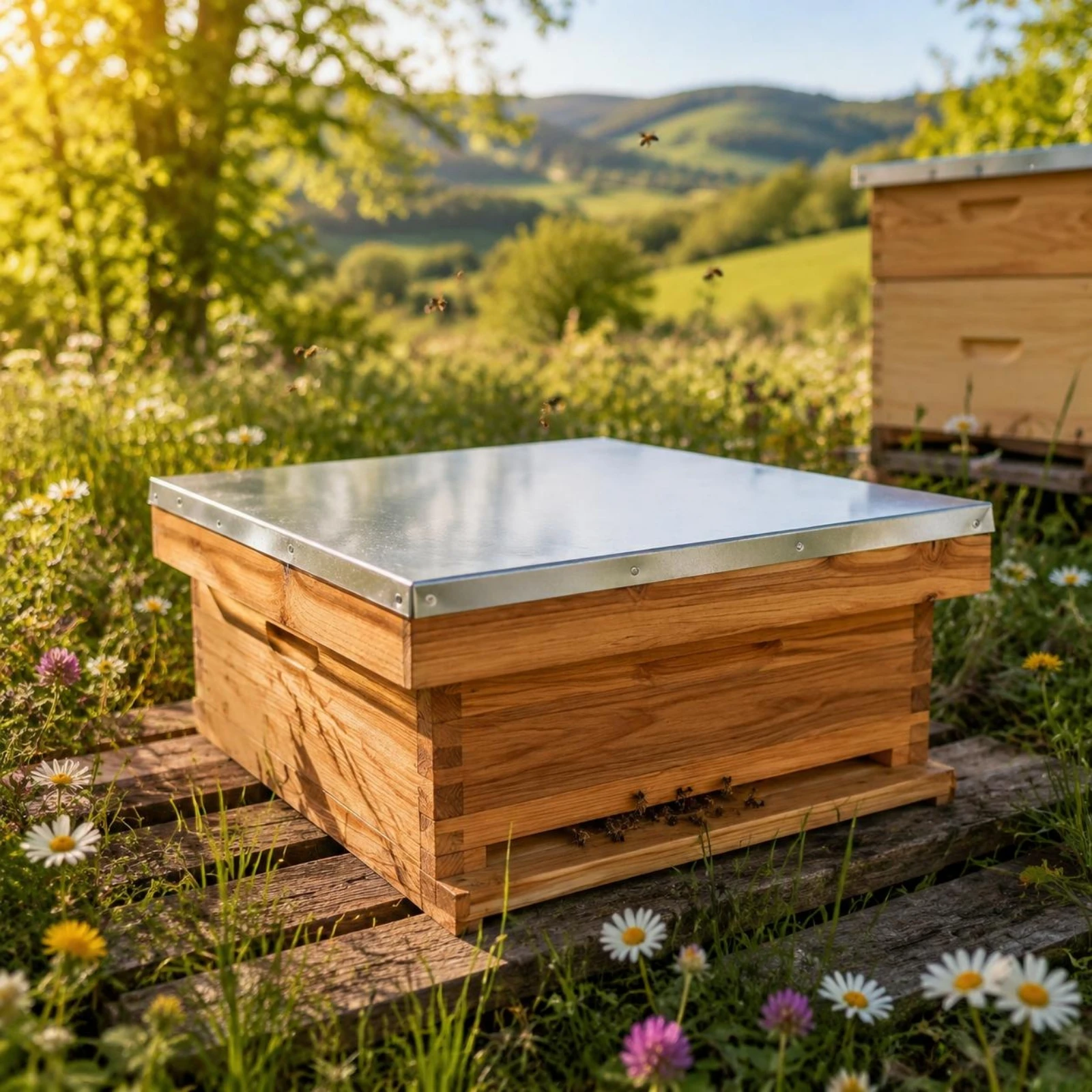 Square Shape Insulated Bee Hive Cover Wooden Frame Metal Top Layer for Practical Colony Enclosure Use