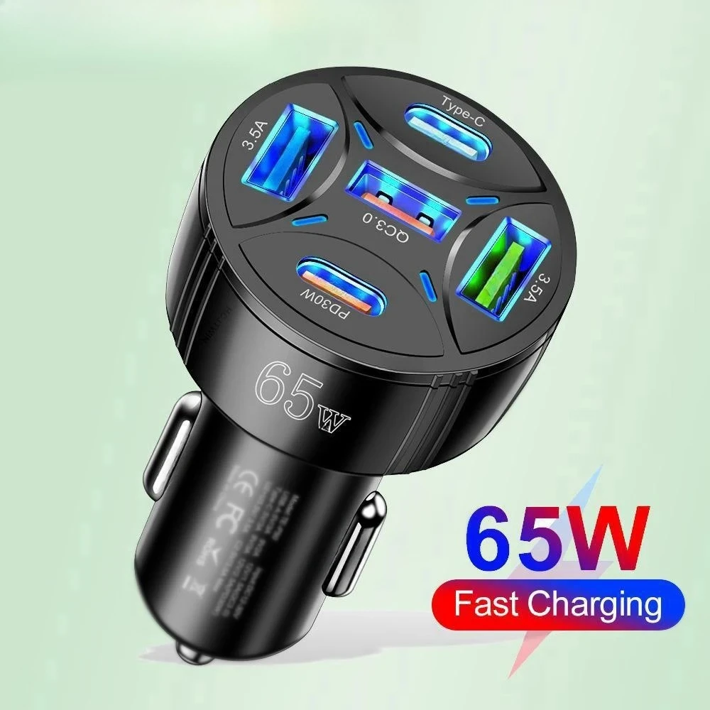 65W USB Car Charger Fast Charging 5 Ports PD Type C Car Phone Charger Adapters For iPhone 15 Xiaomi Samsung Quick Charger In Car
