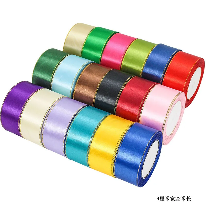 100Yds Golden Edge Satin Ribbon for Crafts Bow Handmade Gift Wrap Party Christmas Wedding Decorative Artificial Accessories 4cm