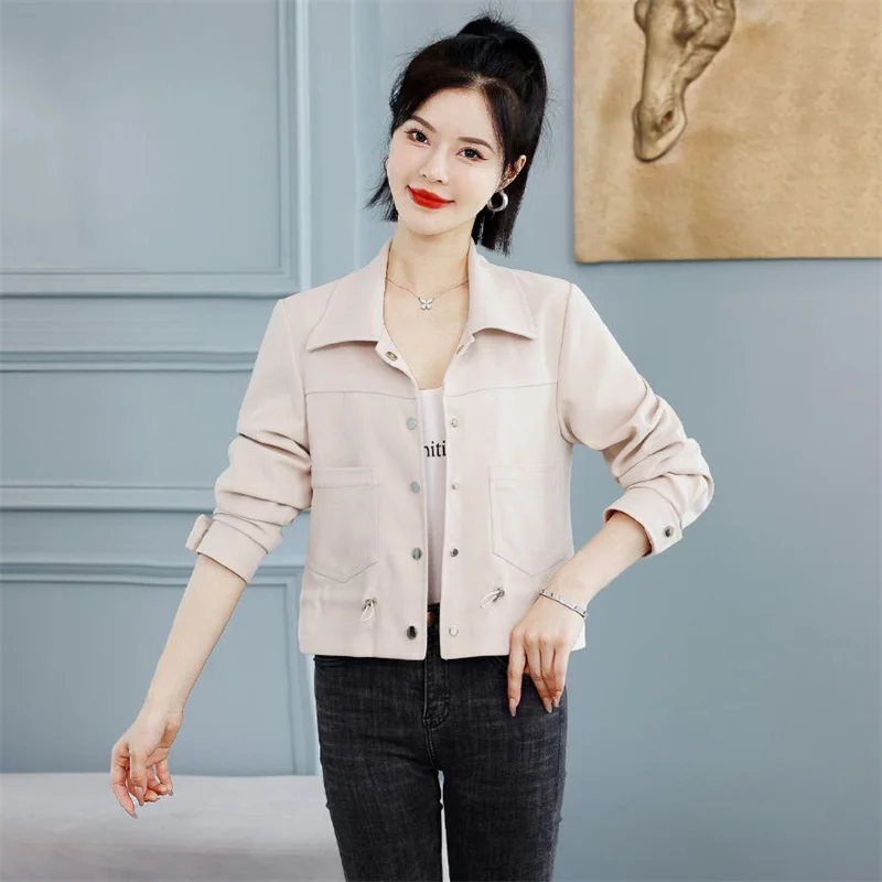 Spring Autumn Short Casual Jacket 2024 New POLO Collar Loose Women's Clothes TOP Solid Colour Fashion Covered Button Coat Female