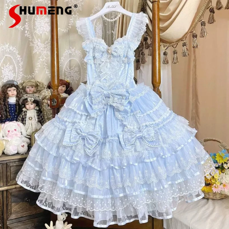 

Blue Lolita Dress for Women Summer New Clothing Japanese Cute Girls Sweet Bow Lace Splicing Sleeveless Dress Jsk Princess Dress