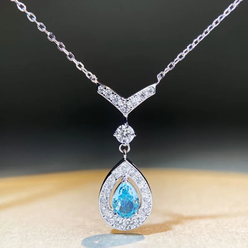 S925 pure silver water droplet necklace, women's V-shaped pear shaped sea blue treasure pendant, simple and versatile