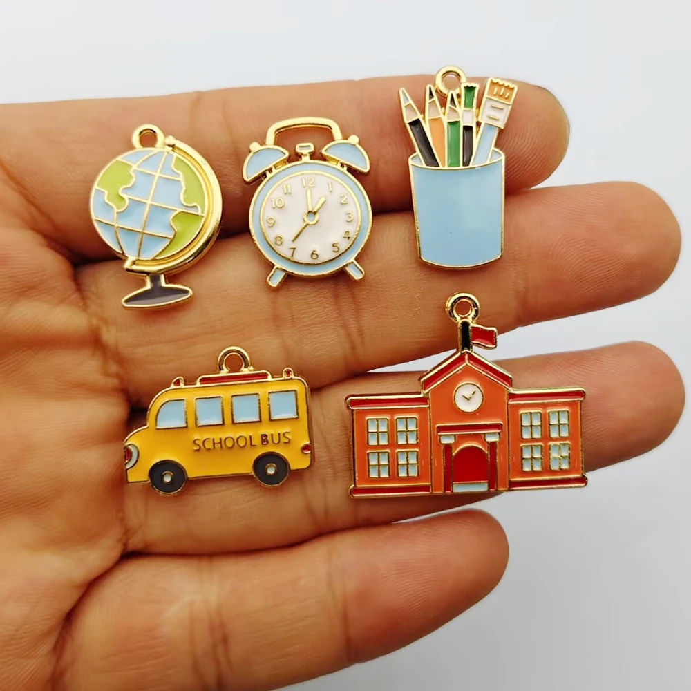 10pcs School Bus House Clock Globe Pen Holder Charm for Jewelry Making Enamel Necklace Bracelet Earring Pendant Diy Accessories