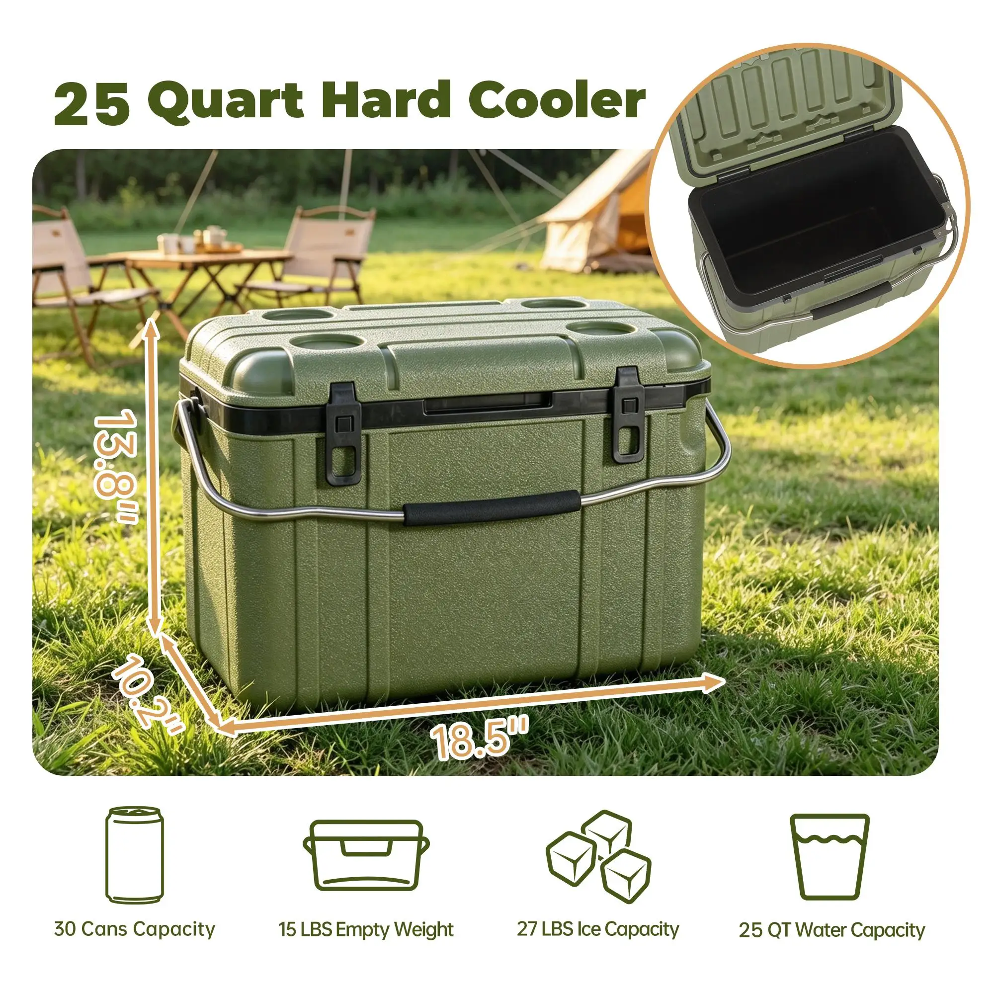 Green 25Qt Insulated Cooler Ultra-Light Hard Shell Ice Chest Scratch Impact Resistant Portable Handle Secure Latches Outdoor Use