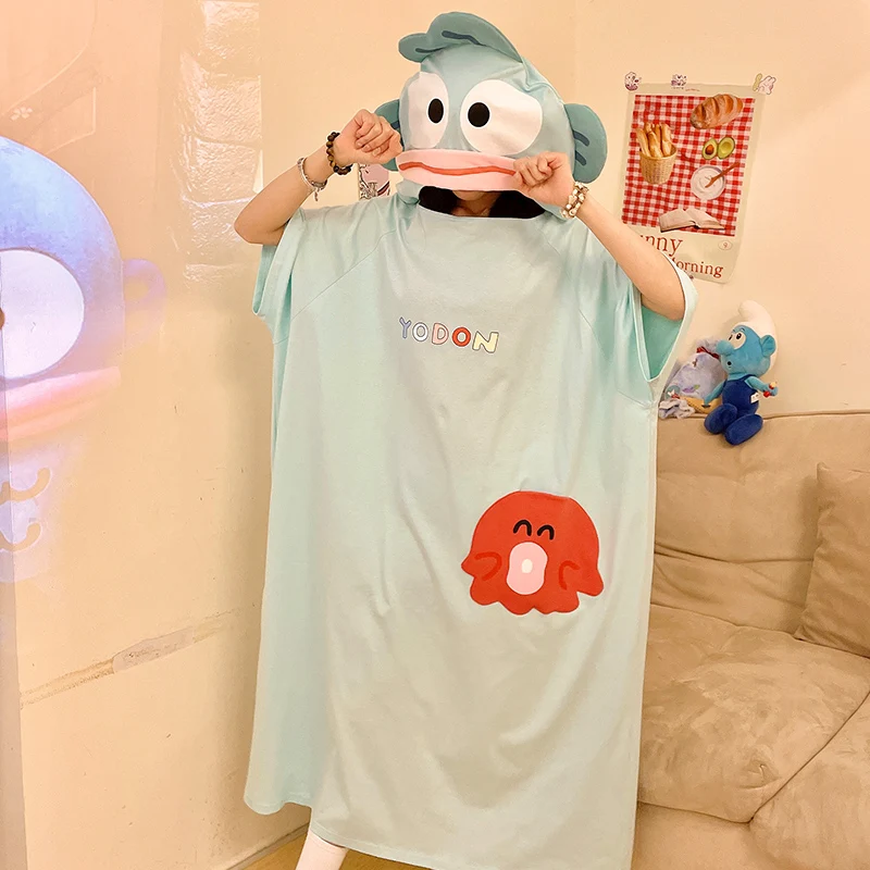 

Korean Cute Cartoon Women Sleepwear Hooded Nightgown Soft Comfortable Pijama Mujer Octopus Pattern Loose Short Sleeve Nightdress