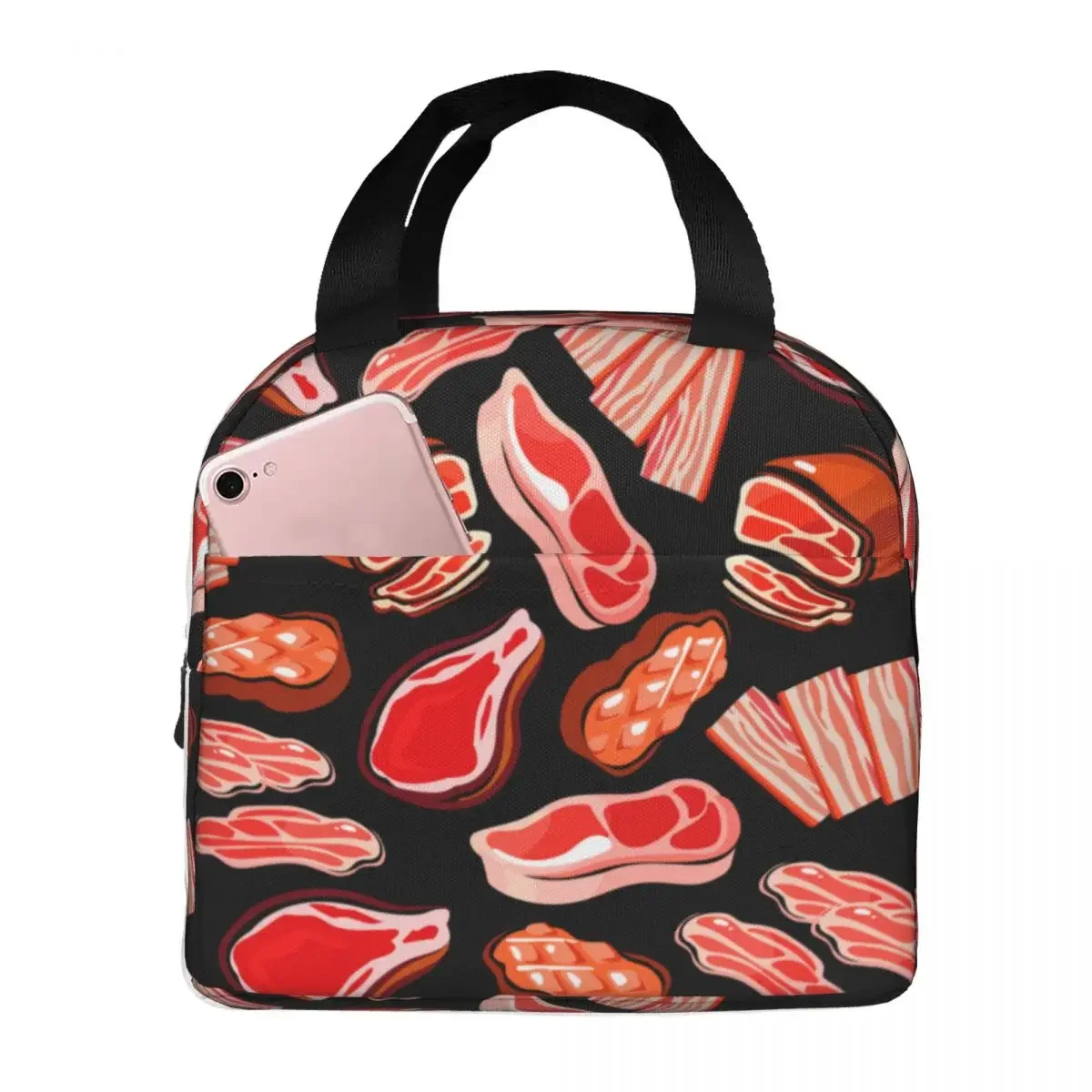 

Beef And Pork Meat Pattern Lunch Bags Waterproof Insulated Oxford Cooler Thermal Cold Food Picnic Lunch Box for Women Kids