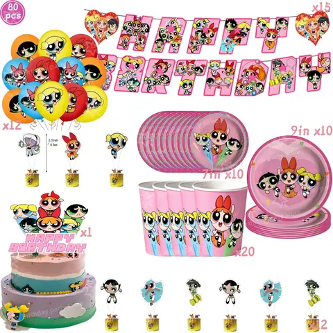 Powerpuff Girls Birthday Party Decorations Tableware Set Plates Cups  Banner Balloons Cake Topper Party Supplies for Kids Girls