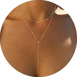 Dainty Y-Lariat 14k Gold Plated Necklace , Long Necklace Layered Beaded Chain Drop Necklaces Simple Gold Jewelry For Women Gift