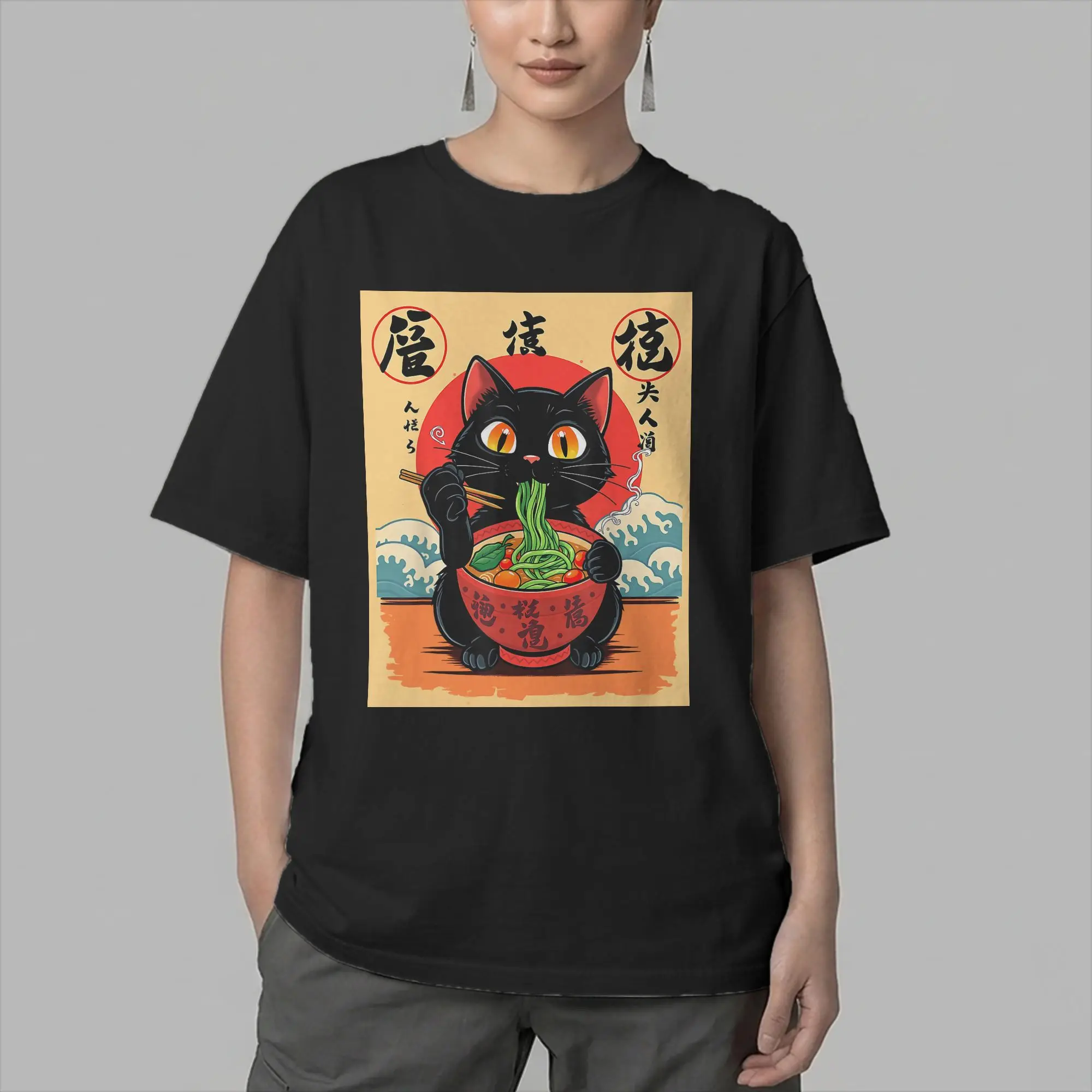 Men Japanese Black Cat Ramen T Shirts Kawaii Noodle Cat Cotton Clothes Novelty Short Sleeve Round Neck Tees T-Shirt