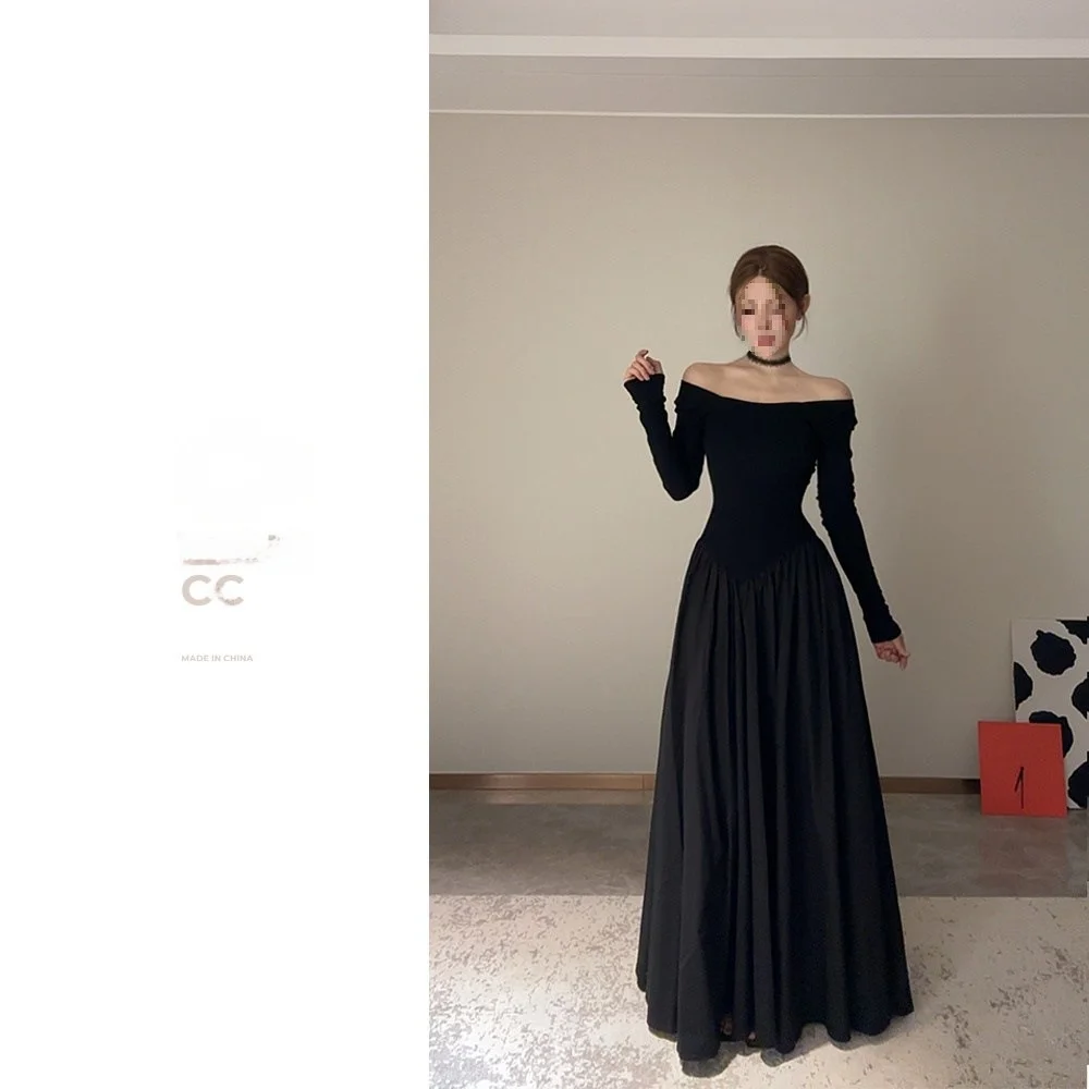 فستان أسود على الطراز الفرنسي بأكمام طويلة وياقة مربعة للنساء بخصر عالٍ للتخسيس فستان طويل مقاس كبير فني عتيق