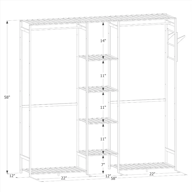 Bamboo Clothes Rack with Double Rods and Storage Shelves Free Standing Open Wardrobe Rack for Hanging Clothes and Storage