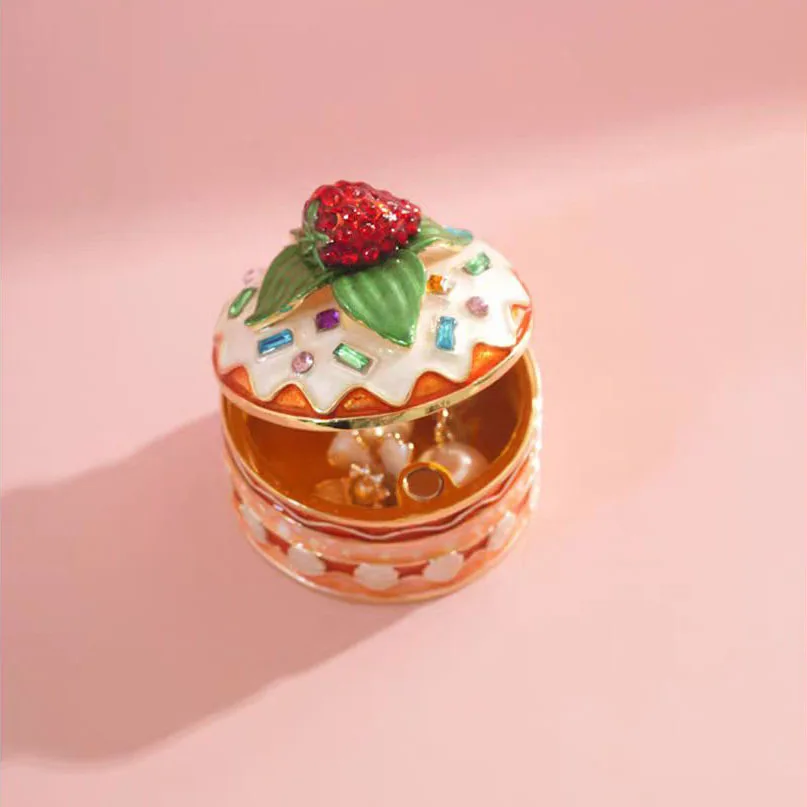 Strawberry Cake Trinket Boxes Hinged Crystal Jeweled Enamel Trinket Jewelry Box Collectibles Gifts