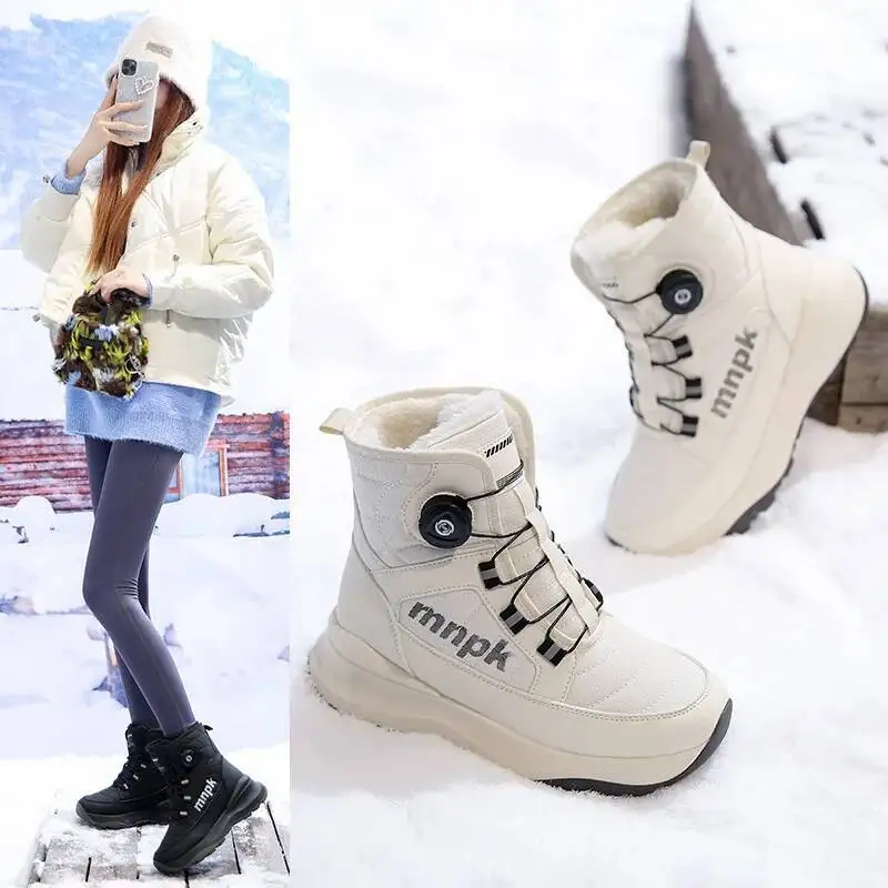 

Winter Boots for Men Women Short Snow Boots Non-Slip Waterproof Rotating Button Winter Shoes Plush Warm Cold-Proof Boots
