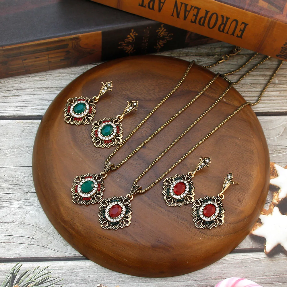 Sunspicems Vintage Bohemia Women Earring Necklace Sets Antique Gold Color Turkish Retro Jewelry Sets Bronze Pendant Necklace Set