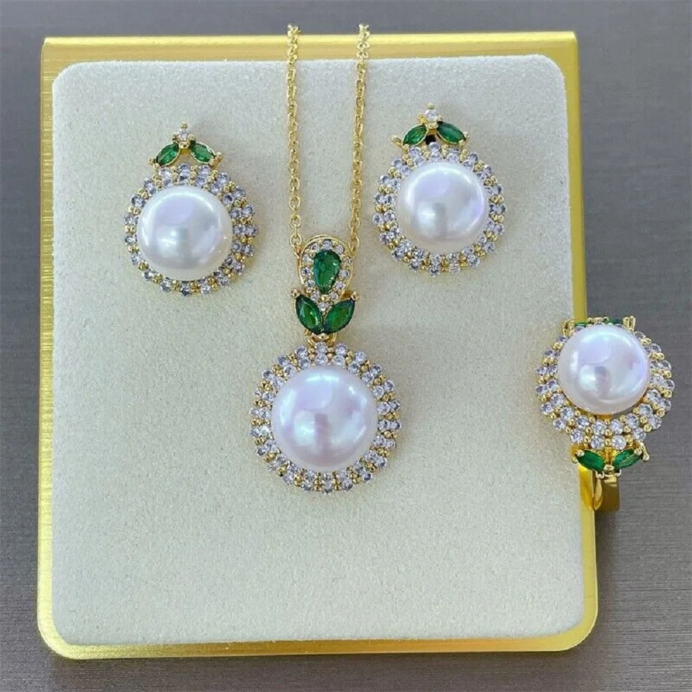 

AAA+++12-13mm Akoya White Pearl 18K Gold Packaging Pendant Ring Earrings Set of Three