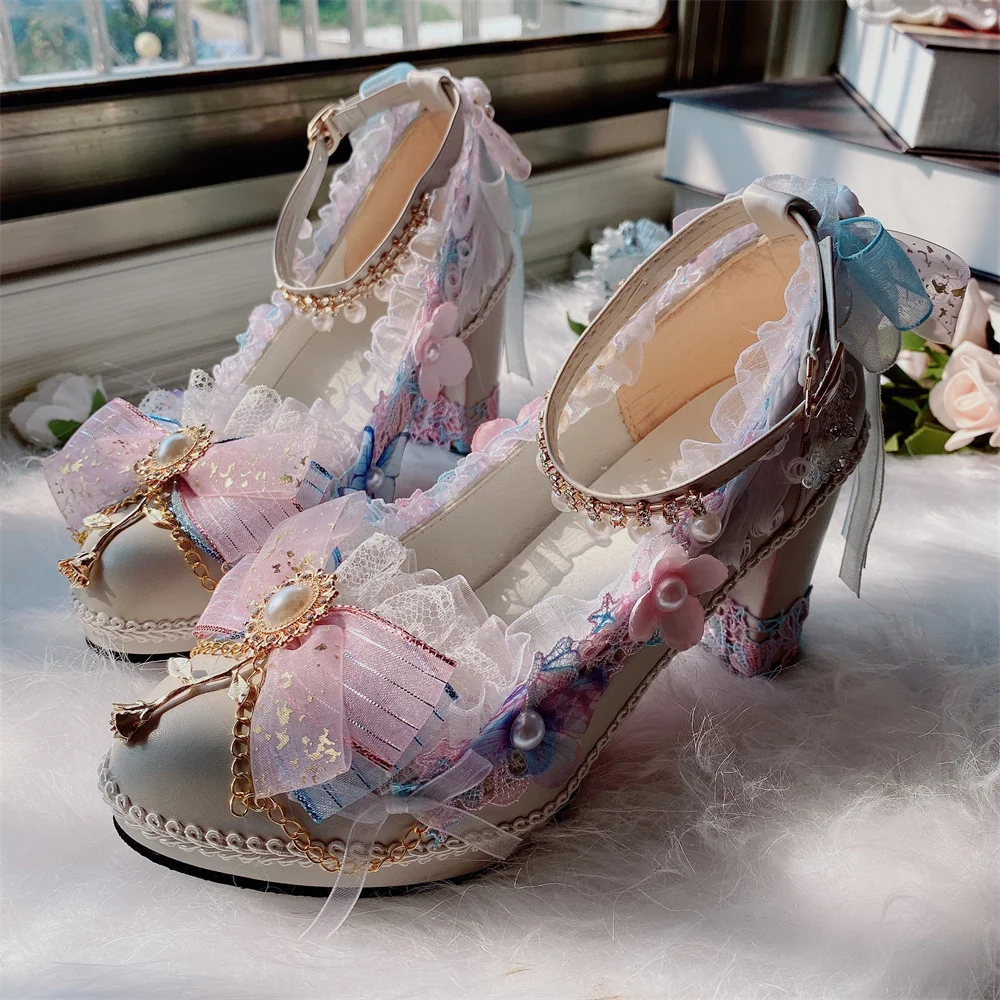 

Flower Vantage Cherry Blossoms Pearl Chain Lace Bowknot Lolita Shoes High Heel Printing Sweet Girls Cosplay Lolita Shoes Loli