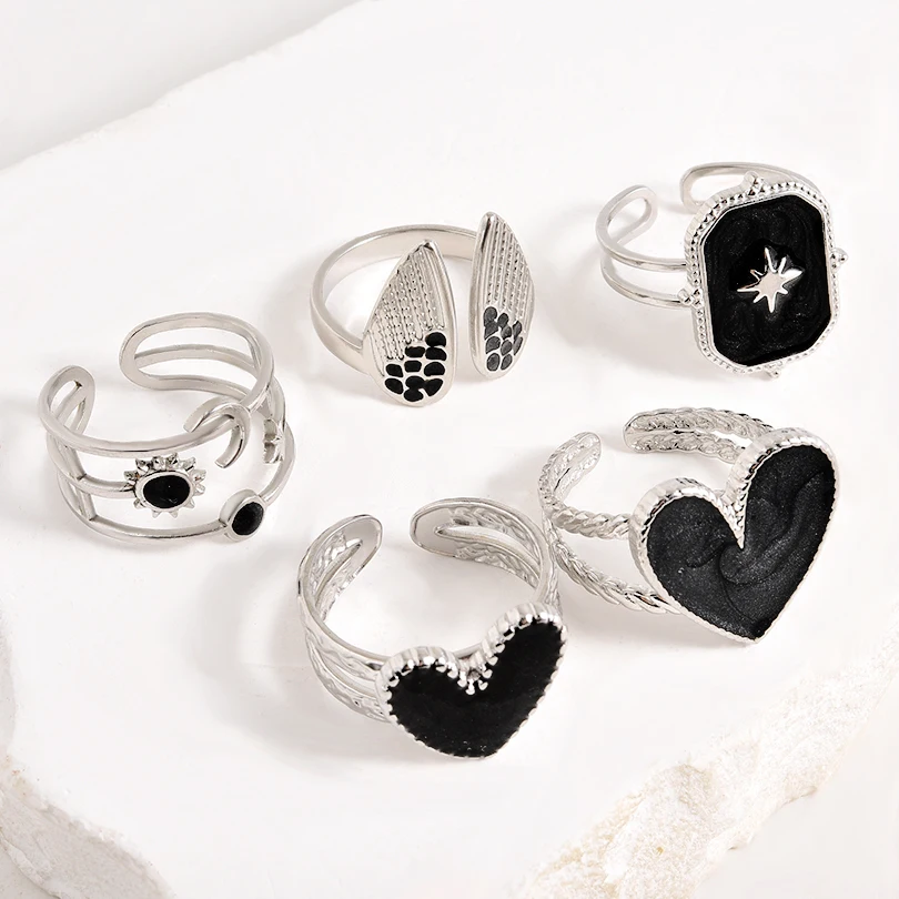 

4pcs/lot Stainless steel black oil dripping moon heart-shaped wing rectangular ring for women and men adjustable opening jewelry