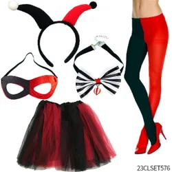 Halloween Dress Up Black and Red Skinny Pantyhose Clown Striped Bow Tie Clown Black and Red Horn Headband