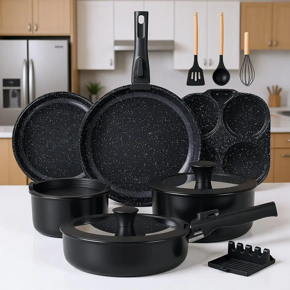 

Набор посуды из 21 предмета с антипригарным покрытием, со съемными ручками, подходит для индукционных плит и духовок, штабелируемый, черный с вкраплениями