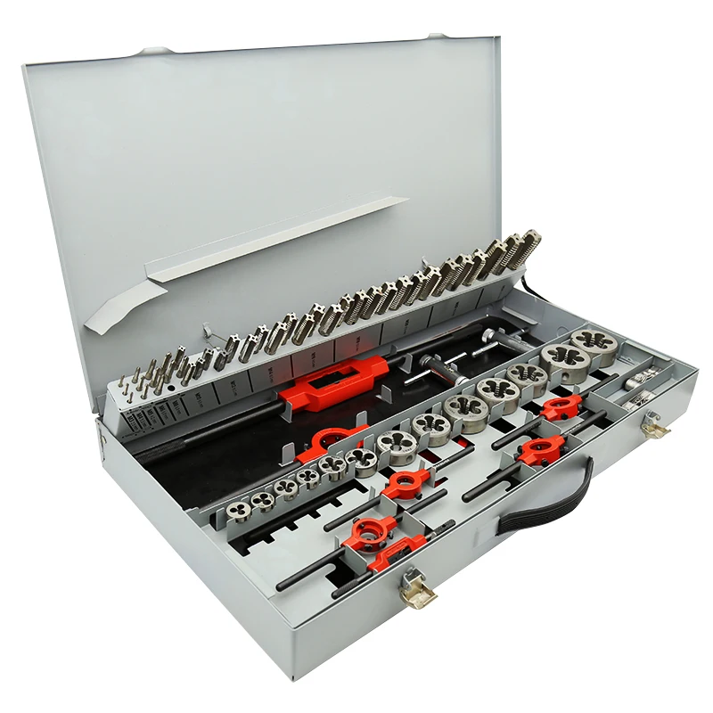 64 pcs M3~M24 diy hand tool metric set hss DIN 352 Hand Tap and die Tap Wrench set  in grey Metal Box