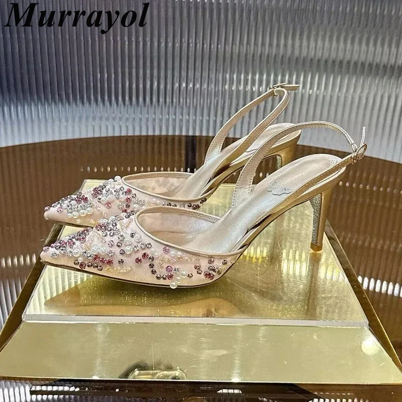 Pumps Pointed Toe Mesh Gauze Bling Crystal Decor Back Strap Slingback Sandals Women Thin High Heels Ladies Party Dress Shoes