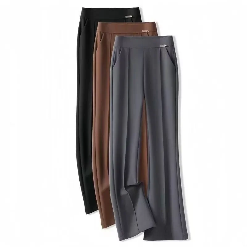 Pantalon drapé élastique à jambes droites pour femmes, nouvelle collection automne, taille haute décontractée, noir, jambes larges et étroites