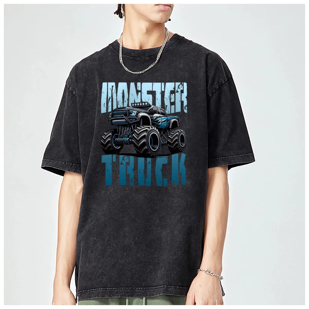 Outdoor Monster Truck off road cartoon Streetwear Oversized t shirt mens Womens Trendy Fashion Casual Vintage Washed Cotton Tops