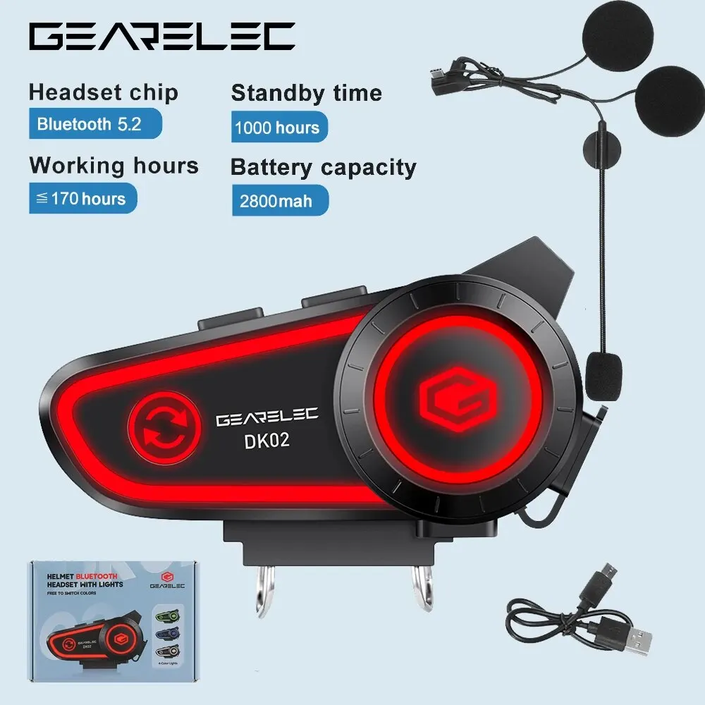 GEARELEC DK02 Motorhelm Headset Stereo Bluetooth Handsfree bellen IPX7 Waterdicht 2800mAh met driekleurig omgevingslicht