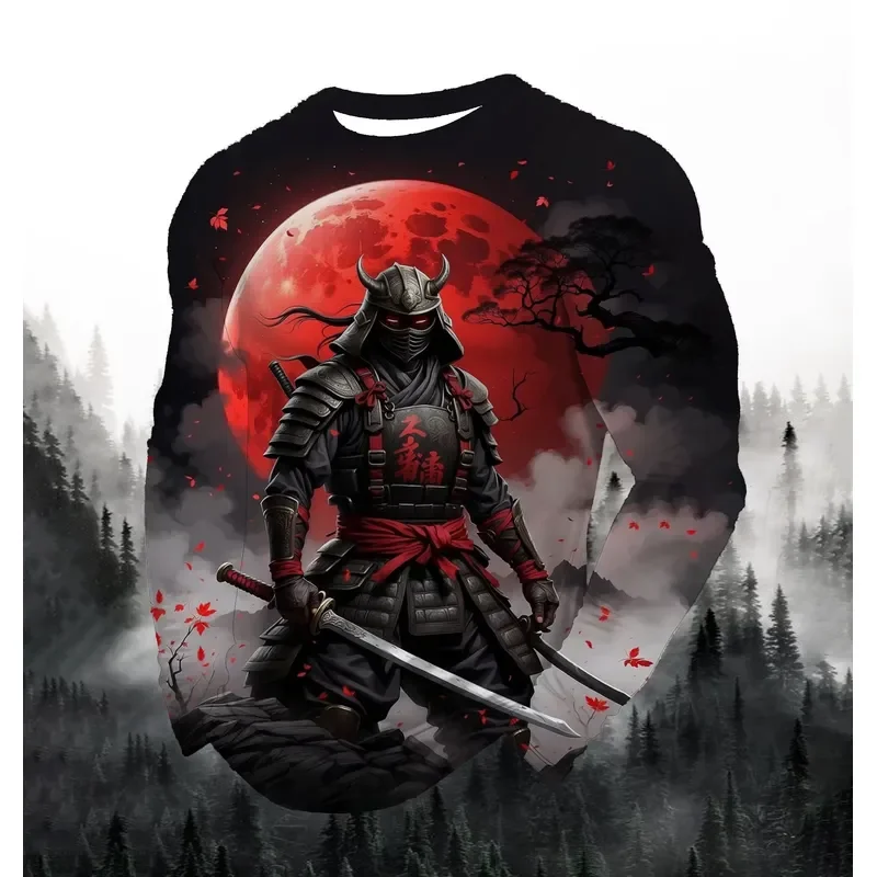 3D Printed Casual Long Sleeve 2026 Men Fashion Round Neck Autumn Sports Leisure Pullover Japanese Samurai Print Loose Tops