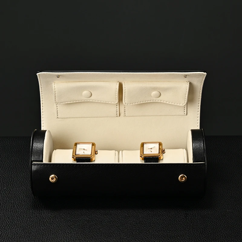MISHITU Dual Watch Case PU Leather Watch Roll 2 Slots Storage Box Multi-functional Jewelry Wristwatch Portable Watch Organizer