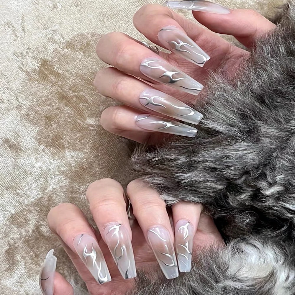 24 pçs metálico prata chama unhas falsas caixão longo cobertura completa artificial unhas falsas 3d bronzeamento linha cromo imprensa em unhas