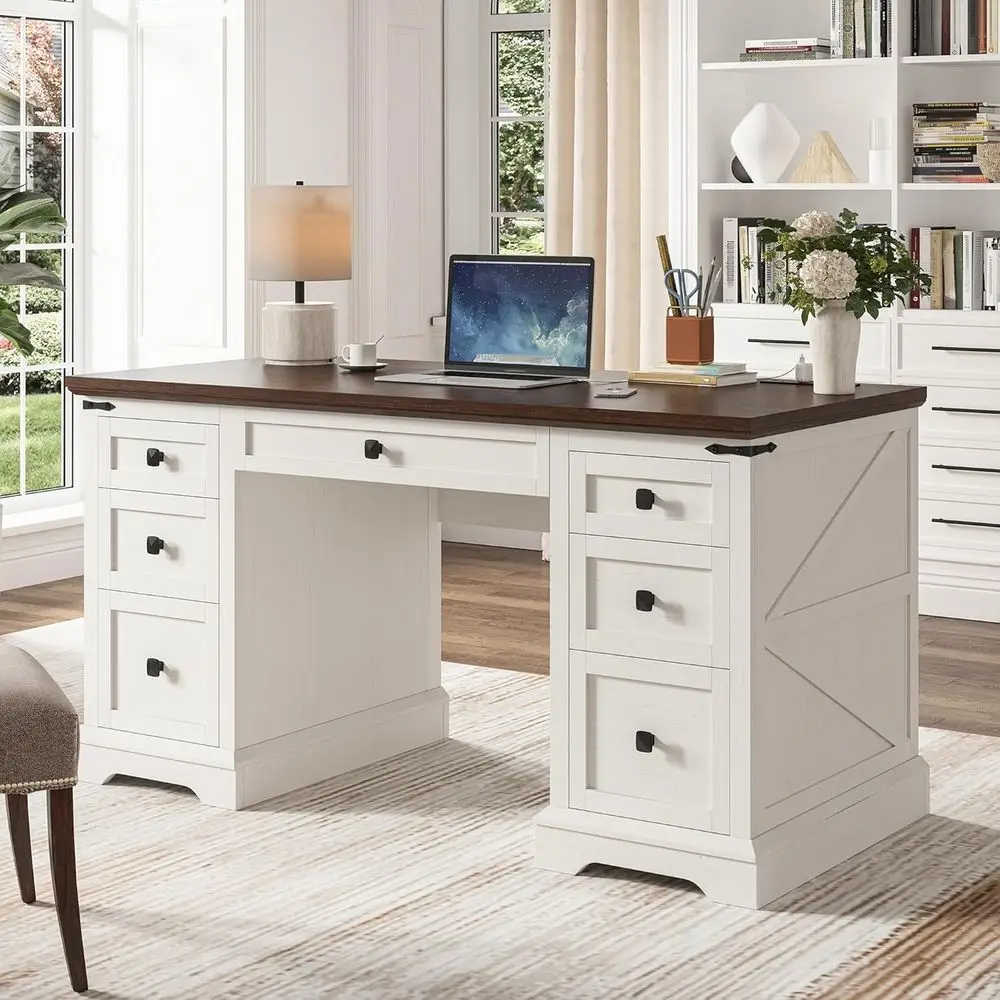 

Executive Armhouse Desk 58 W, Rustic Wood Office Desk with Power Outlets, Storage Cabinet, Ideal for Studying, Writing in White