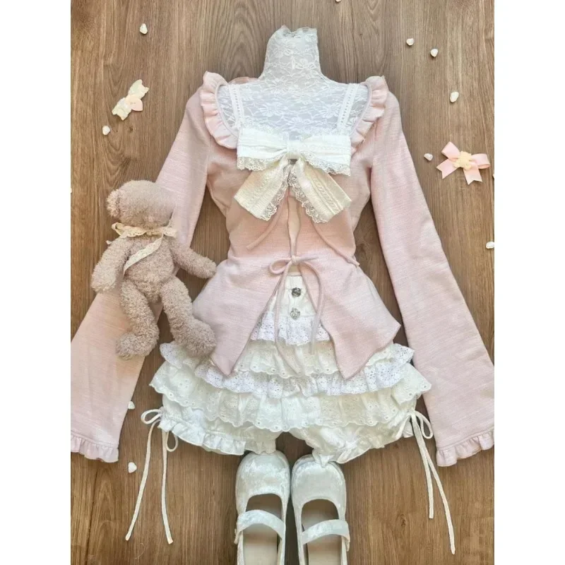 Japanese Kawaii 3 Piece Sets Lolita Y2k Cardigan Coats + Mini Skirts + Corset Vest American Vintage Suits Autumn Even Party Chic